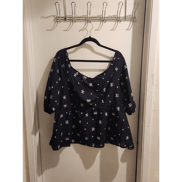 Lane Bryant Size 14 Off Shoulder‎ Peplum Blouse Top Blue White Embroidered Boho - Picture 1 of 8
